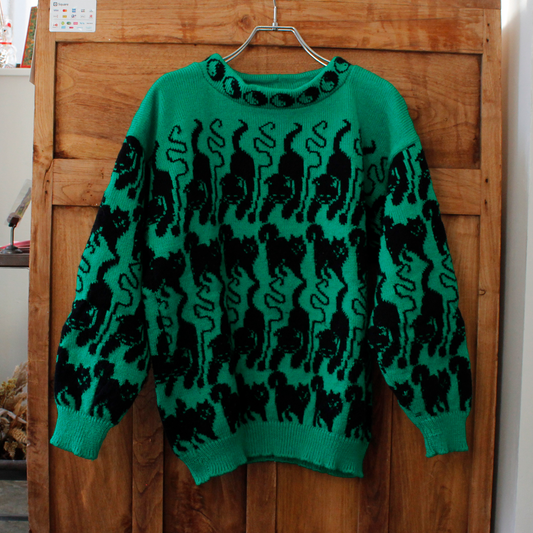 Black Cats Hand-knit Sweater / 80s