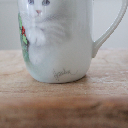 White cat with Christmas Holly Mug / Otagiri / Bob Harrison