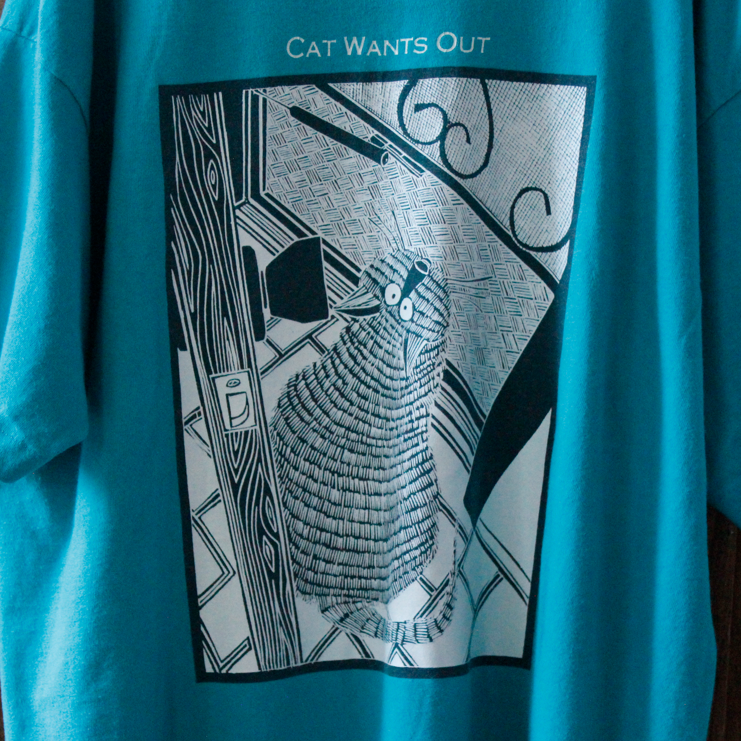 Cat Wants In, Cat Wants Out Tee / Green / 80s-90s / STUART KATT / Made in Canada