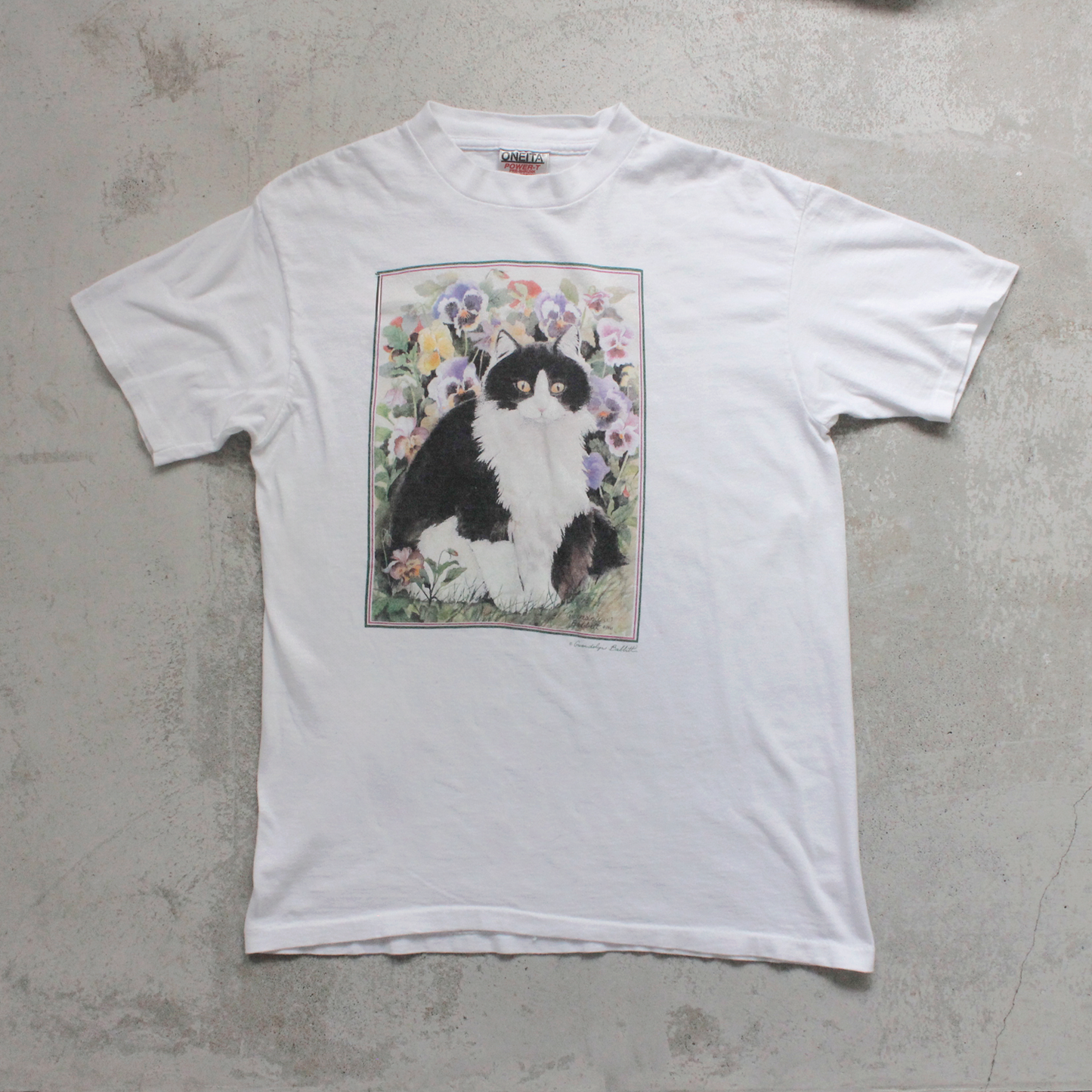 Black&White Cat with Flower Tee / Made in USA