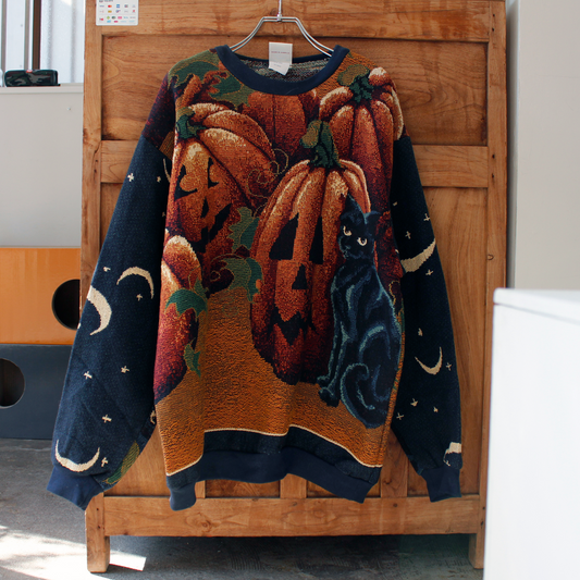 Pumpkin & Black Cat Sweater / Sugar Street Weavers / 90s